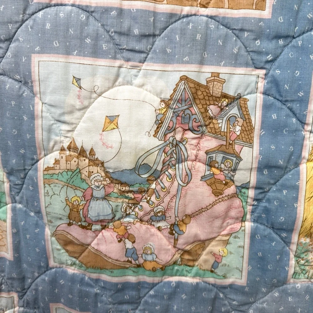 Vintage Nursery Rhymes Quilt Kids Storybook Blanket Mother Goose Pillow Pocket‎